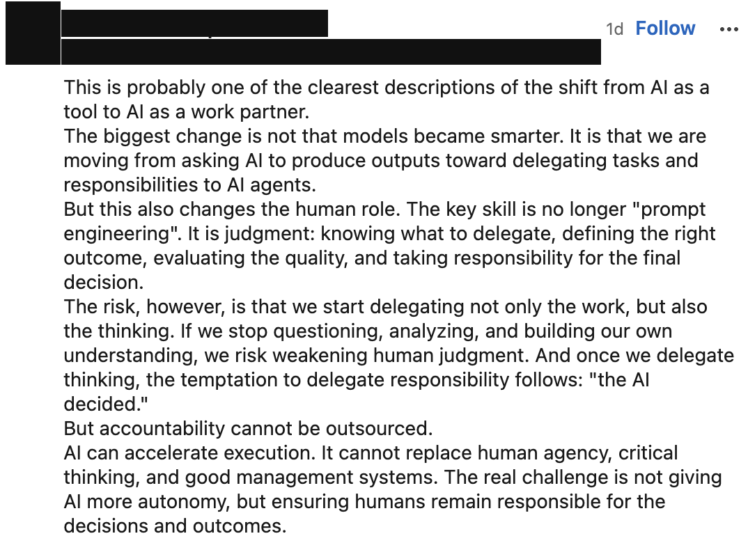 A redacted LinkedIn comment using a polished, familiar argument structure about AI agents and human judgment.